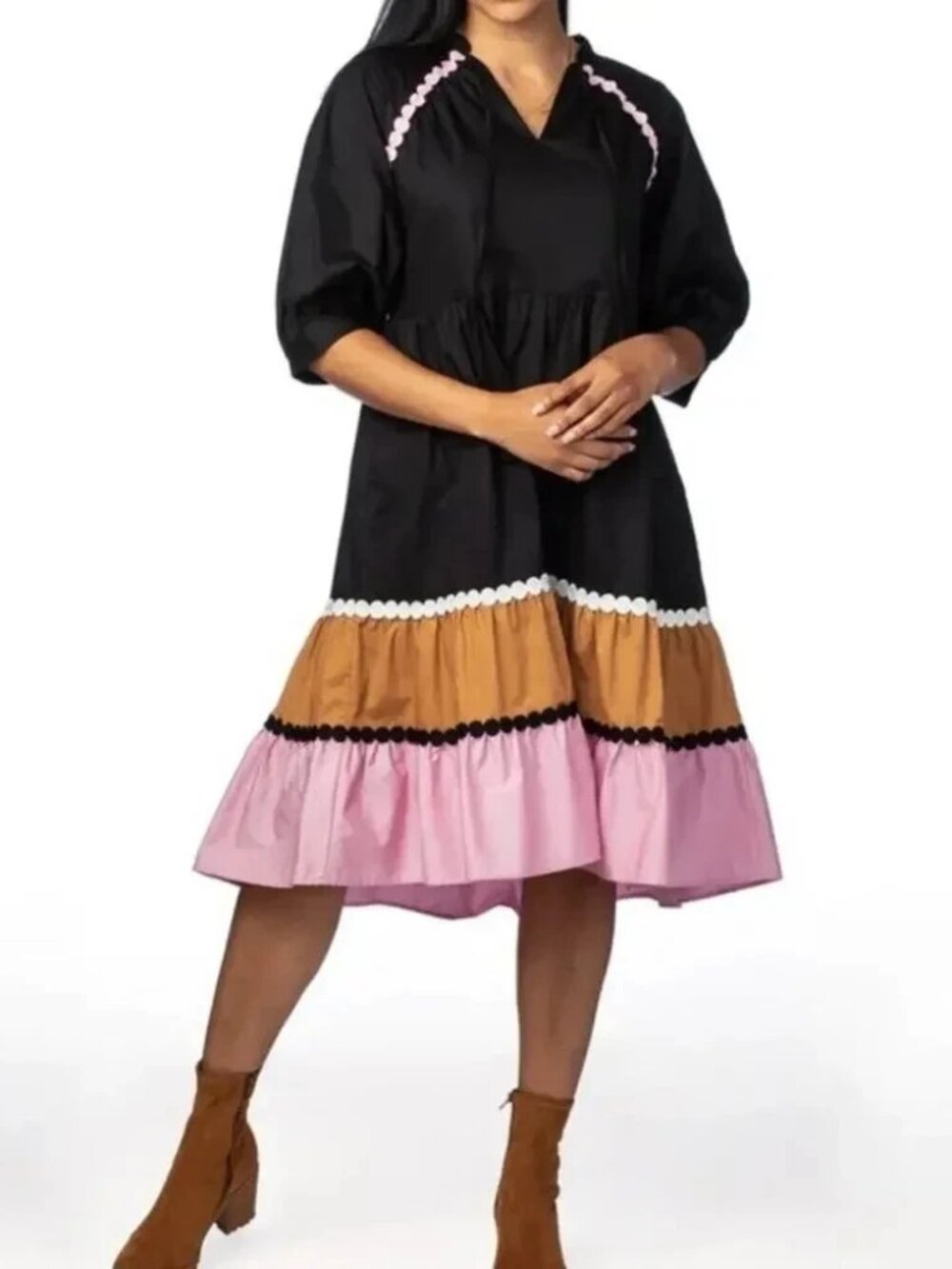Crosby by Mollie Burch Tallulah Colorblock Midi Dress Sz XS V Neck 100% Cotton